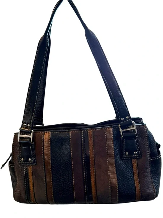 Fossil Vintage Brown Black Striped Leather Shoulder Bag Y2K Patchwork Purse - Picture 4 of 10